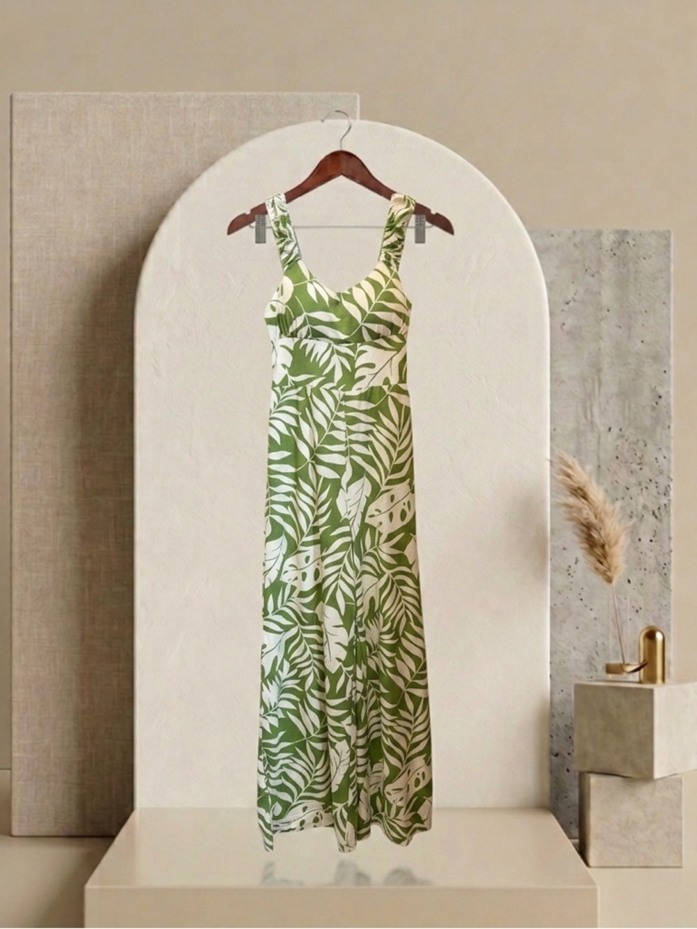 Derek Heart Green and White Tropical Print Maxi Jumpsuit